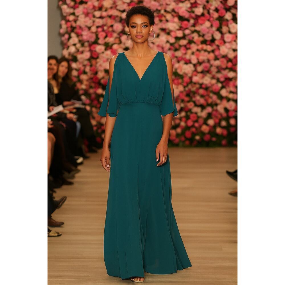 NWOT After Six Split‎ Blouson Sleeve Maxi Gown Women’s Chiffon Evergreen 14